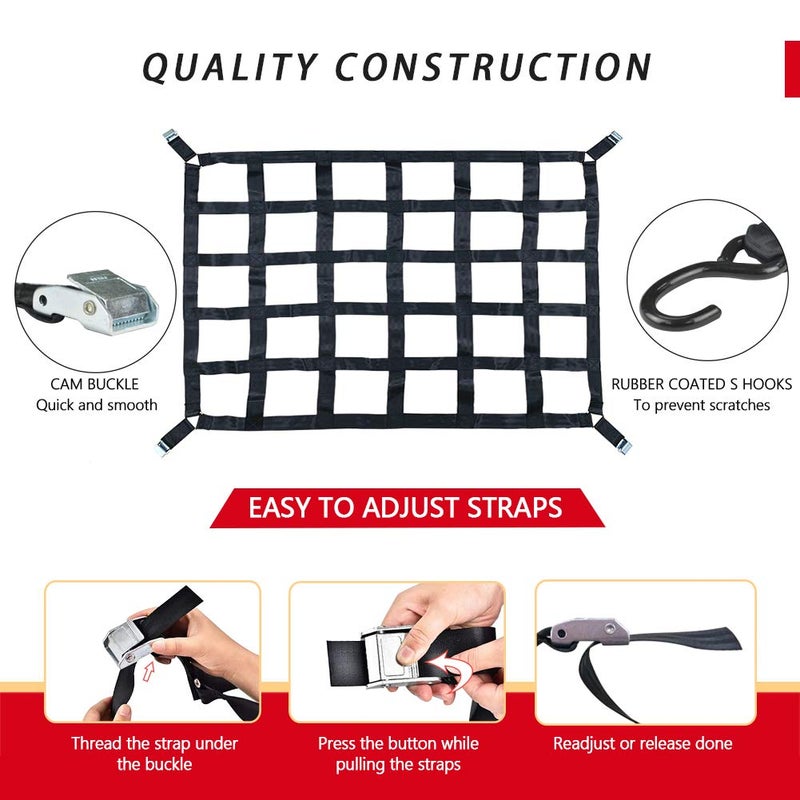 Surmount Way Surmountway Heavy Duty Cargo Net - 66" x 50", 1100LBS Capacity, Adjustable Cam Buckles & S-Hooks, Fits Pickup Truck & Trailer Beds - Image 5